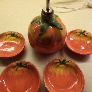 Set includes Bottle for Dipping Oil and Matching Serving Saucers.- Tomato Design